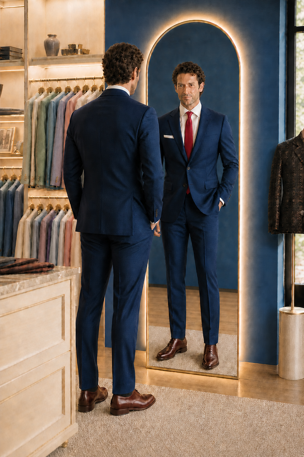 Client reviewing a tailored navy suit in an illuminated mirror